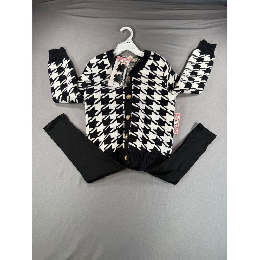 NWT Btween Girls Houndstooth Cardigan Leggings and Hair Clips 3pc Set Size 5